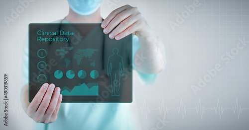 Clinical Data Repository. Doctor holding virtual letter with text and an interface. Medicine in the future