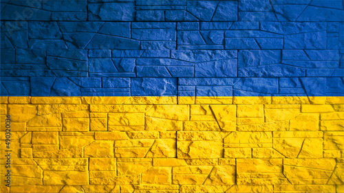 Ukrainian flag with gray stone wall tiles texture. Texture of old poster back with Ukraine flag. Web banner template for industrial design. Vector