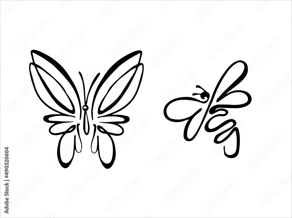 Fototapeta premium Butterfly and bee. Black line doodle tatoo or logo. Vector outline illustration. Nature monochrome line art design. Hand drawn simple linear art