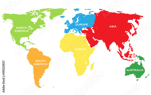 Colorful political map of World. Different colour shade of each continent.Simple flat vector map.