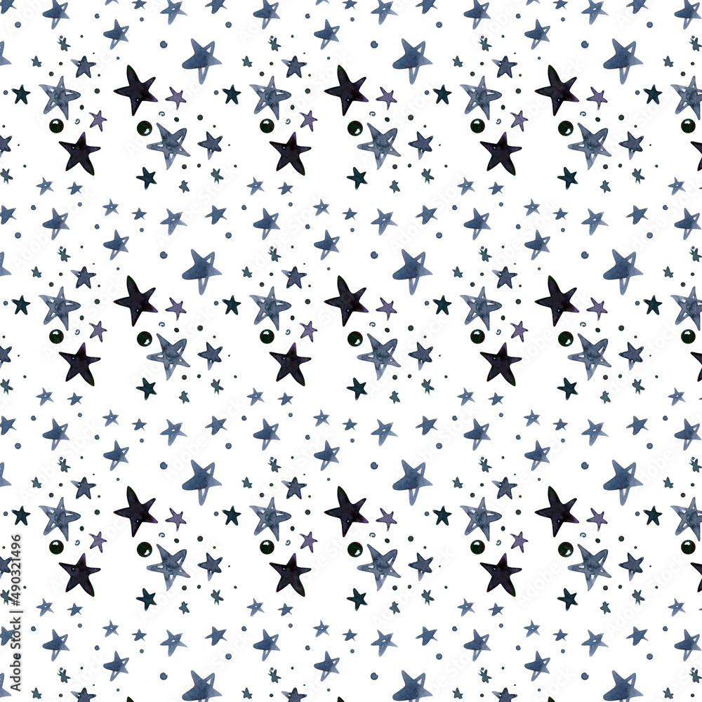 watercolor srars pattern. Night sky blue seamless background