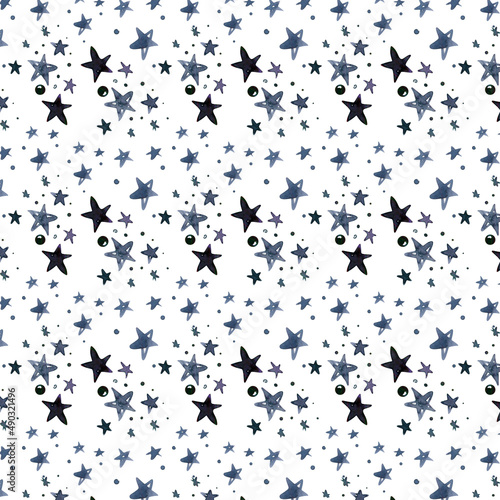watercolor srars pattern. Night sky blue seamless background