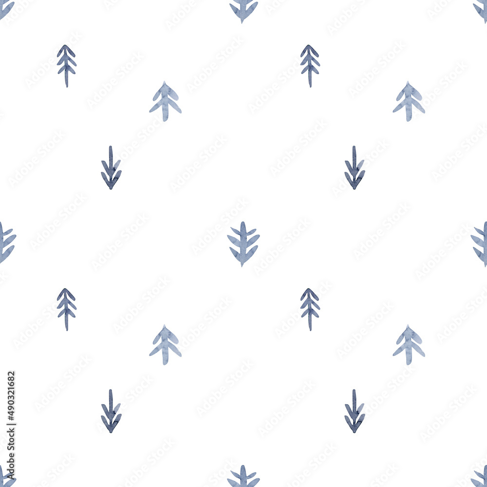 Fototapeta premium Watercolor green trees seamless pattern on white background. Design for Happy New Year and Christmas print, wallpaper, textile. primitive naive