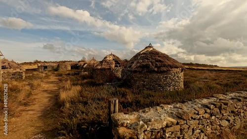 Ancient celtic dwellings in the fort of Castromao in Celanova, Galicia Spain. Shot from bottom to top photo