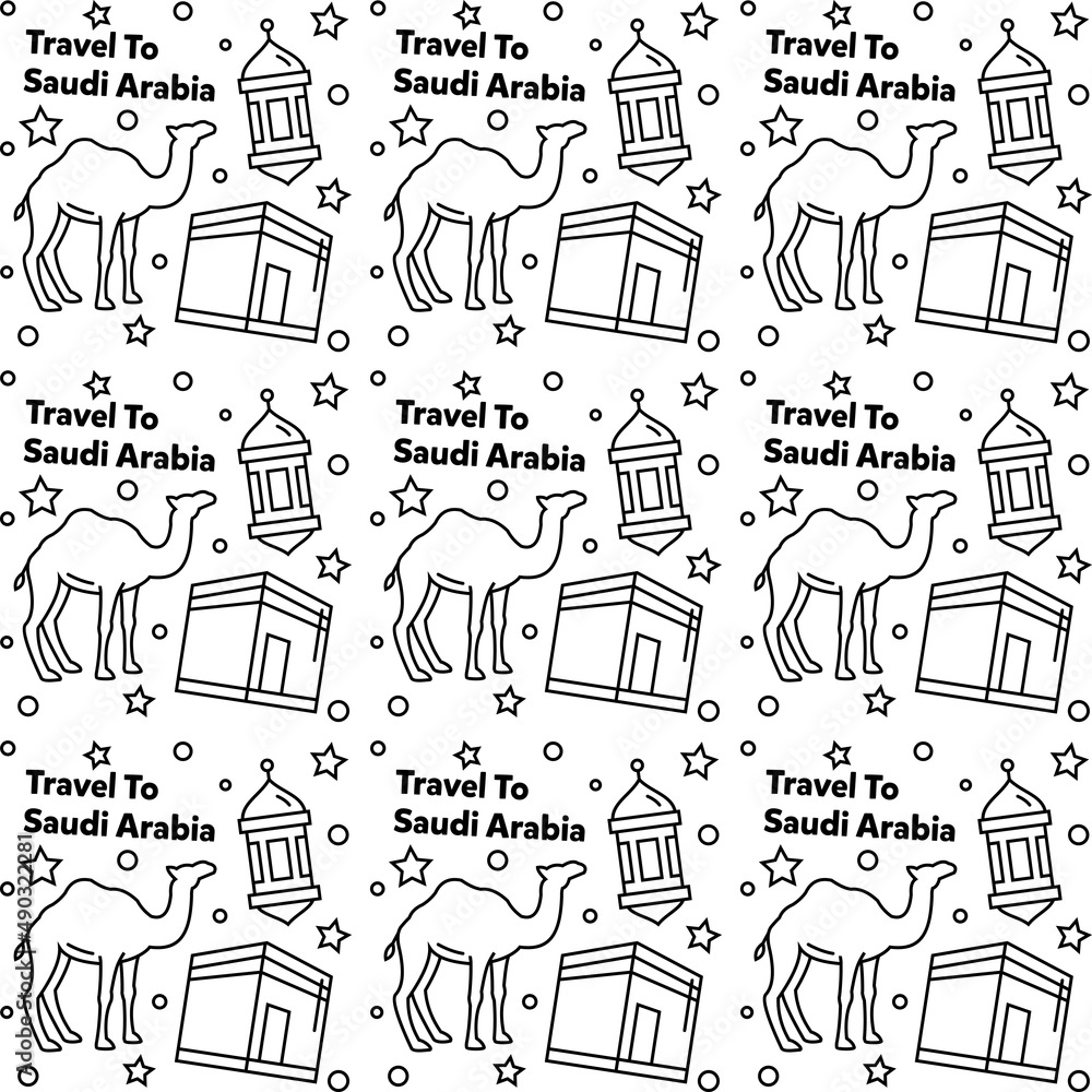 Travel to Saudi Arabia doodle seamless pattern vector design. Camel. Ka'bah, Flag are identic icons with Saudi Arabia