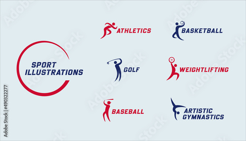 Sport logos set. Golf, basketball, athletics, weightlifting, baseball, artistic gymnastics vector illustrations