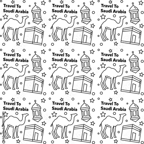 Travel to Saudi Arabia doodle seamless pattern vector design. Camel. Ka'bah, Flag are identic icons with Saudi Arabia