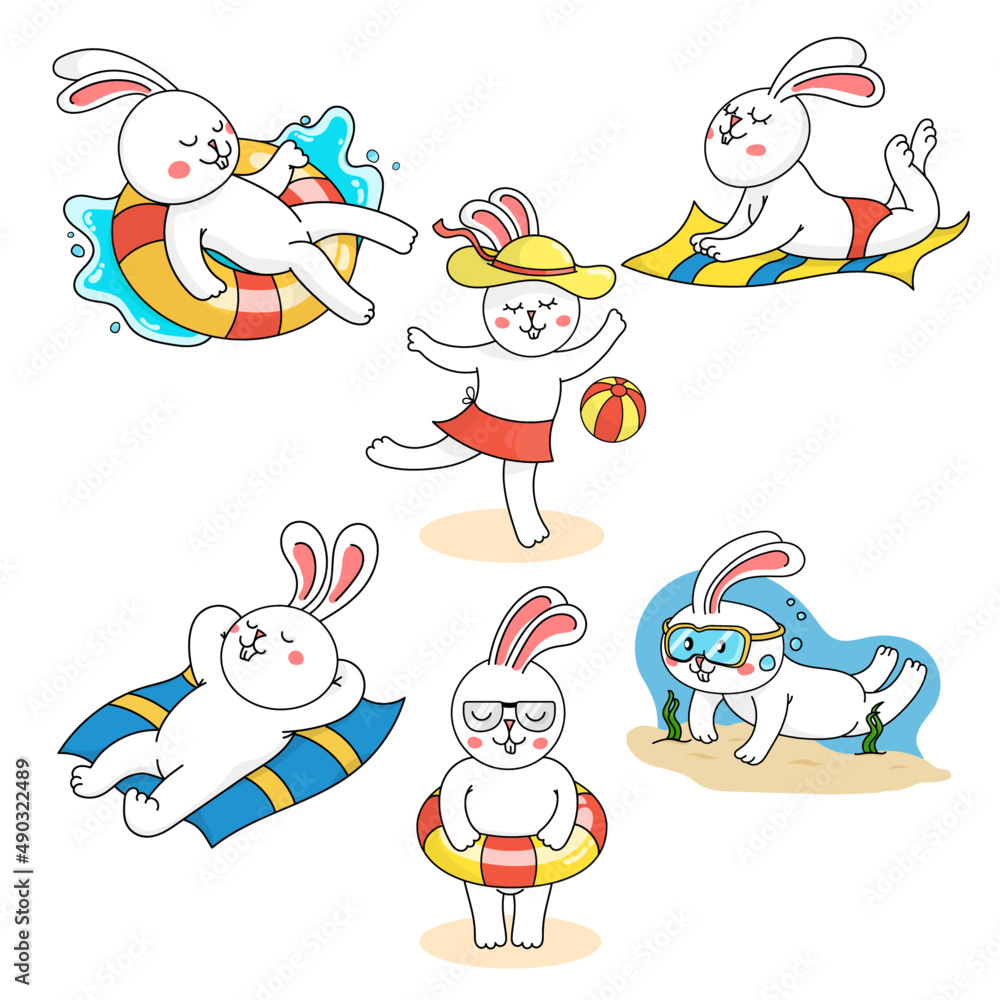 Obraz premium Character of Cute rabbit cartoon collection with vacation time on white background,Drawing vector illustration. 