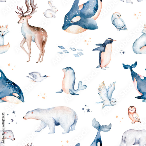Obraz na plátně Seamless watercolor pattern nursery polar arctic animals watercolor collection set