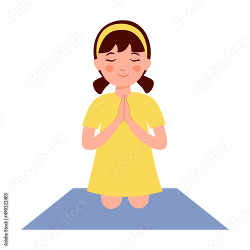 Cute girl praying in flat design on white background.