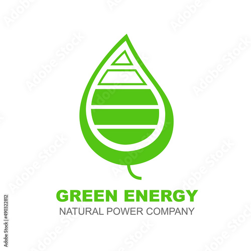 Green energy company logo template. Natural power sign. Ecology saving business. Tree leaf in the shape of a battery. Vector illustration  photo