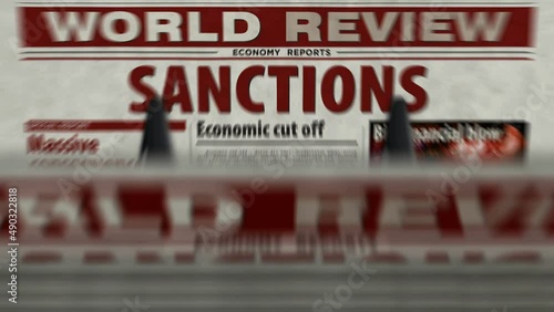 Sanctions, economy blockade, politics and embargo news daily newspaper report printing. Abstract concept retro 3d rendering seamless looped.