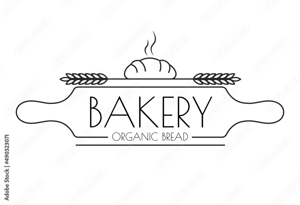 Simple and trendy bakery logo design with rolling pin, wheat and bread