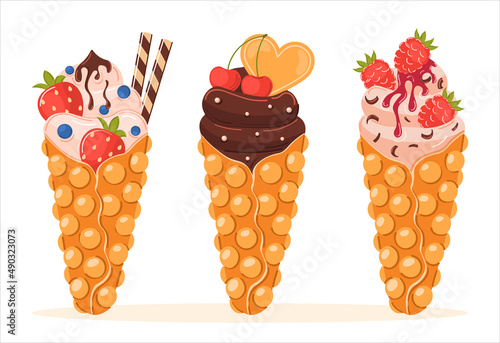 Set of Vector c. Hong Kong wafer or egg waffle with sweet ripe raspberries, strawberry, cherry, vanilla cream and chocolate. Gourmet dessert food, delicious restaurant meal, snack.