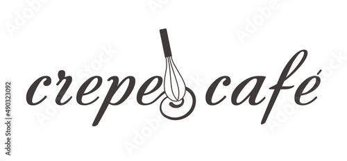 Simple and trendy design of a cafe or restaurant logo with "Crepe" lettering and with a whisk. French pancakes logo.
