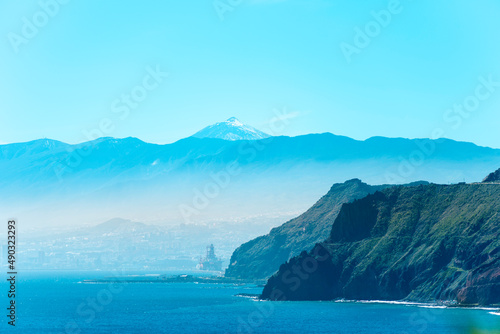 Tenerife in spring with the snow on the top of volcano Teide. Canary Islands, Spain