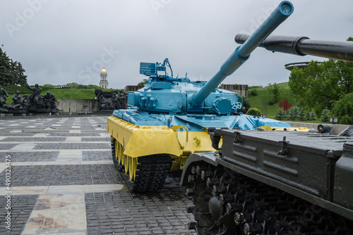 T-64 tank in the colors of the flag of Ukraine, Kiev