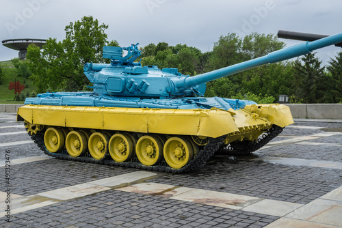 T-64 tank in the colors of the flag of Ukraine, Kiev