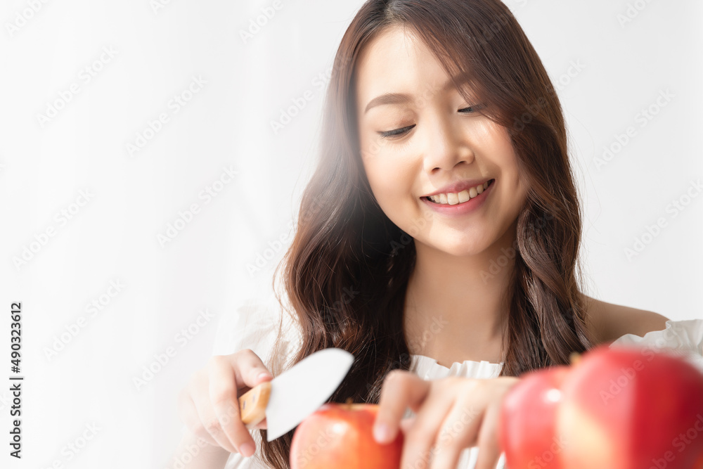 Healthy lifestyle, Close up beautiful young asian woman holding apple with smiling happy. Healthy eating, Food and lifestyle, Health, Beauty, Dieting concept. Healthy lifestyle, Close up beautiful young asian woman holding apple with smiling happy. Healthy eating, Food and lifestyle, Health, Beauty, Dieting concept.