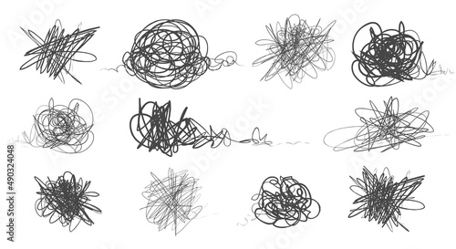 Tangled abstract scribble with hand drawn line set. Doodle elements. vector drawn tangles, lines, circles. Black line abstract scribble shape. tangled chaotic scribble drawing.