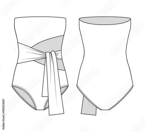Fashion technical drawing of strapless cut out tie waist swimsuit