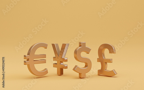 The main golden currency sign on yellow background include dollar yen euro and pound for trading forex and currency exchange concept by 3d render.