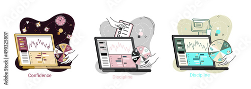 Discipline concept icon. Time management. Working day idea metaphor. Daily affairs of person, indicators of time for work, hobby, study, rest. Fulfillment of planned plans according to regulations
