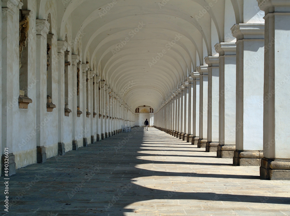 The colonnade in the Garden of Flowers in Kroměříž with 44 statues of ancient Greek and Roman gods is a frequent destination for many tourists. The colonnade in the Garden of Flowers in Kroměříž with 44 statues of ancient Greek and Roman gods is a frequent destination for many tourists.
