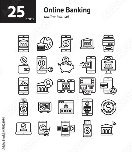 Online Banking outline icon set. Vector and Illustration.