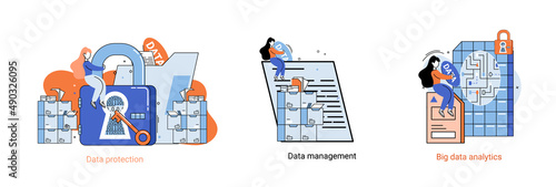 Big data analytics platform, data management and protection creative metaphor set abstract concept. Data center room disk infrastructure business information safety. Technology Internet and network © Dmytro