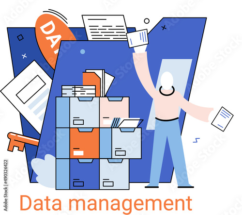 Data management metaphor, privacy media center, business protection, rational storage of information, digital privacy. Efficient data manager, cost-effective safe organization, storage and use of data