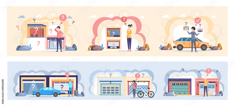 Fototapeta premium People choose garage with automatically opening doors to park transport. Selection of vehicle storage, place for automobile. Gates with lifting mechanism in garage for parking cars and storing goods
