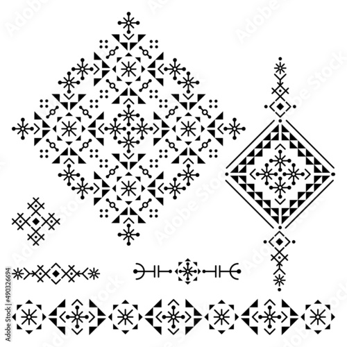 Iceland's rune art style geometric tribal line art vector square and long design collection, black and white set inspired by Viking patterns
