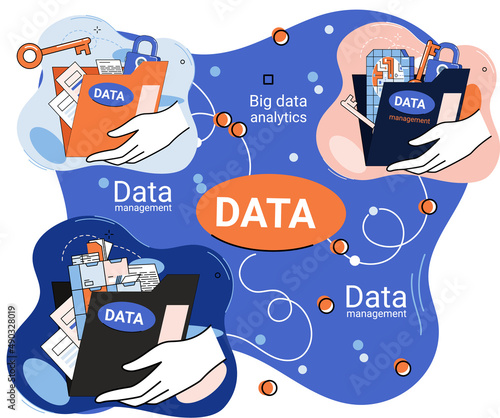 Data management metaphor, privacy media center, business protection, rational storage of information, digital privacy. Efficient data manager, cost-effective safe organization, storage and use of data