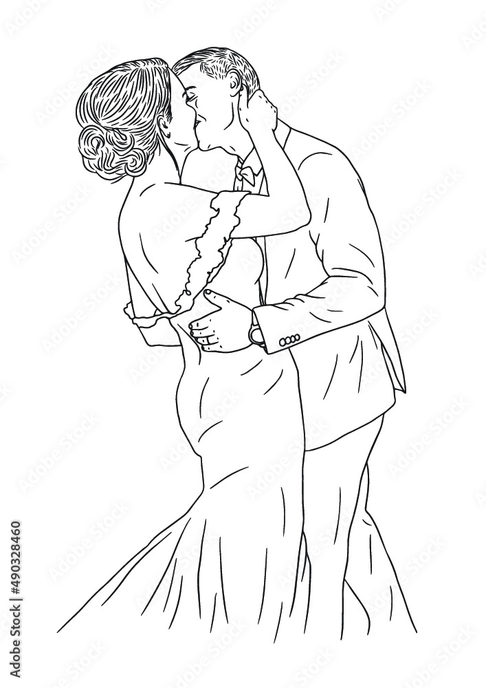 Line sketch of bride and groom kissing each other at their wedding