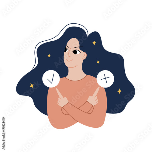 Woman making decision. Woman confused by hurd choise. Difficult choise.  Yes or not