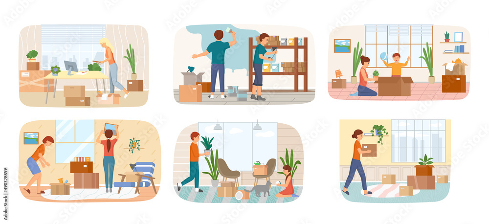 Family moving to new house, people moving to new house, carrying things to apartment, changing place of residence, relocation. Unpacking things after shipping, decorating home. Rental of premises