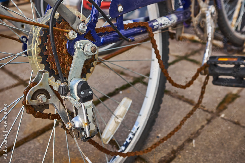Fototapeta premium Blue bike has been outside all winter and got broken. Rusty bicycle chain hangs on sprocket and gear.