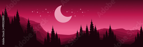 night at mountain with tree silhouette flat design vector illustration good for wallpaper, background, banner, backdrop, web, tourism, and design template
