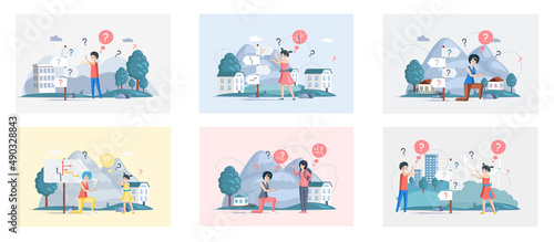 Making confusion scenes set. People thought about solution to problem, choose right answer consults with friend. Career, life and question decision process. Person thinks hesitates to make ones choice