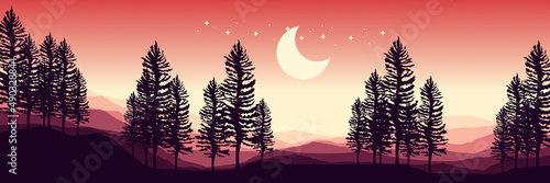night at mountain with tree silhouette flat design vector illustration good for wallpaper, background, banner, backdrop, web, tourism, and design template