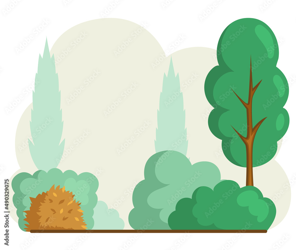 Obraz premium Garden, lawn with trimmed bushes and trees. Landscaping, gardening, working with plants concept. Garden landscape design with green spaces. Plants, trees, bushes and flowers for plot decoration