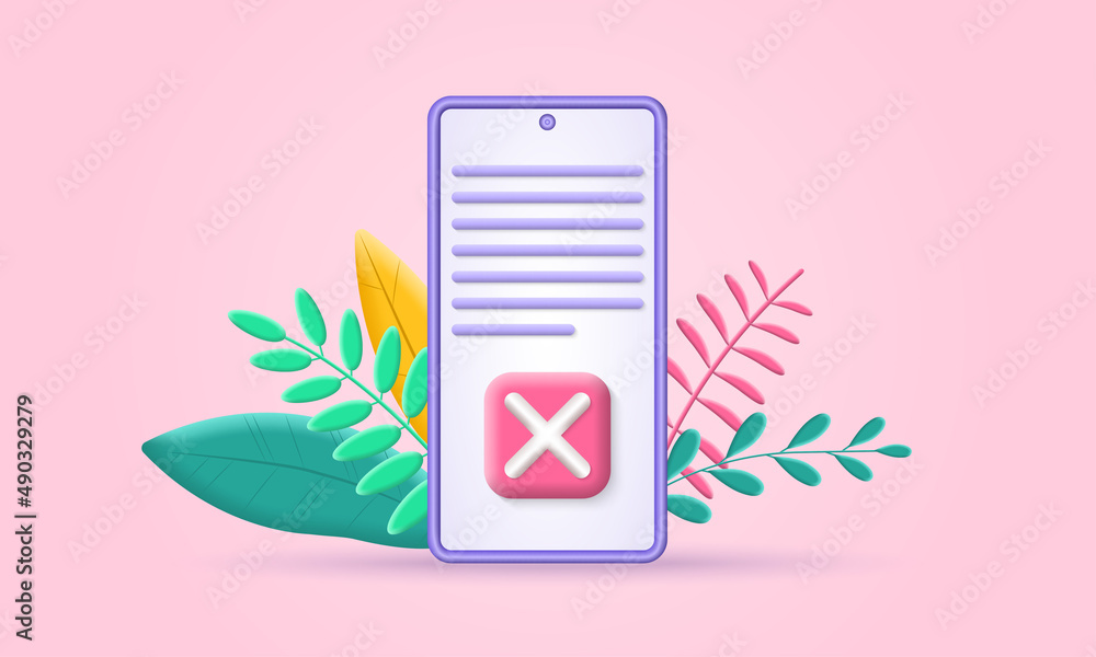 3d phone icon. Online agreement, document or contract on the smartphone screen with cross check mark. Wrong, rejection symbol. List, paper or document sign. Vector illustration. 3d phone icon. Online agreement, document or contract on the smartphone screen with cross check mark. Wrong, rejection symbol. List, paper or document sign. Vector illustration.