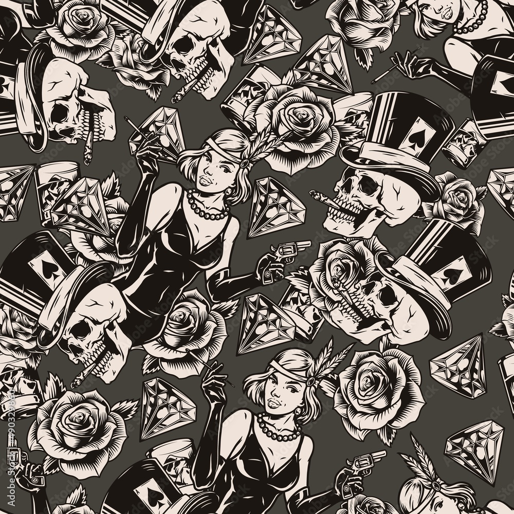Monochrome seamless pattern with dangerous woman Monochrome seamless pattern with dangerous woman