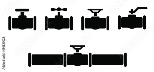 Water, oil or gas pipeline with fittings and valves. Pipeline and black tap, open or close. Globe valve icon or pictogram. Vector pipe fitting symbol. Wastewater