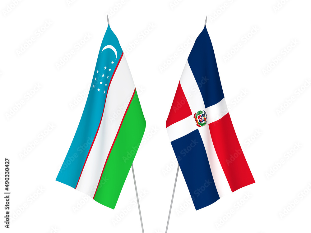 National fabric flags of Uzbekistan and Dominican Republic isolated on white background. 3d rendering illustration.