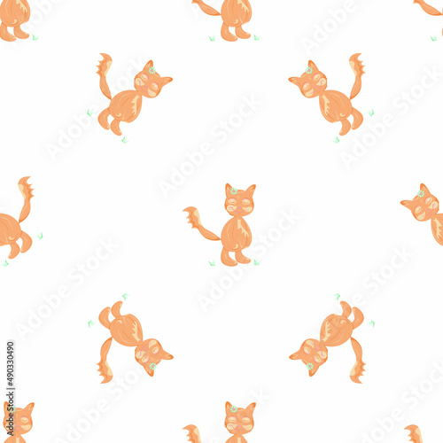 Seamless pattern imaging smiling fox with shut eyes located on transparent background on spring day. Simple pattern representing little fox with a green flower.