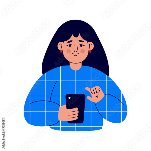 A young woman in a blue sweater works with a phone on social media. Vector illustration (ID: 490330811)