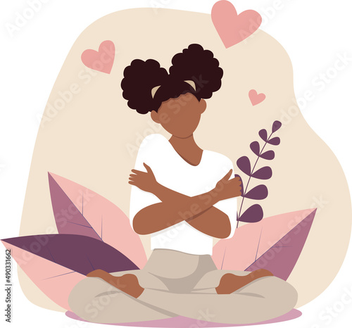 Black woman self-love meditation yoga lotus in FaceLess style and with plants and hearts