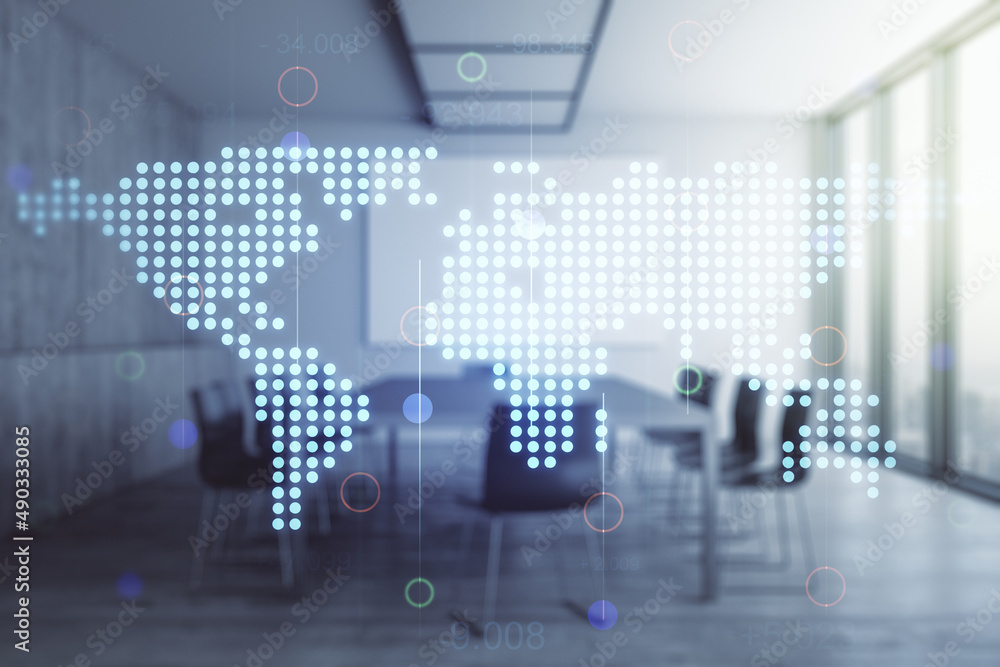 Abstract creative world map interface on a modern conference room background, international trading concept. Multiexposure Abstract creative world map interface on a modern conference room background, international trading concept. Multiexposure